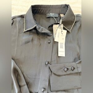 Tahari Black Satin Blouse with diamond  studded Collar NWT size XS